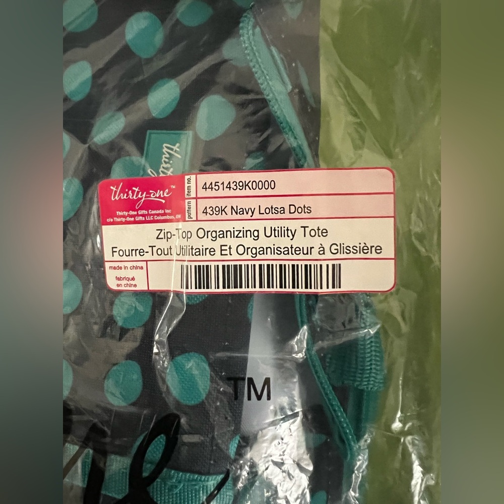 Thirty One Zip Top Organizing Utility Tote “439K Navy Lots A Dots” # 4451 NIP - Picture 2 of 4